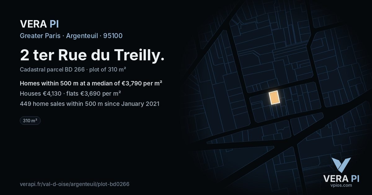 2 ter Rue du Treilly, Argenteuil at night – the plot lit, the parcels around coloured by the prices near them