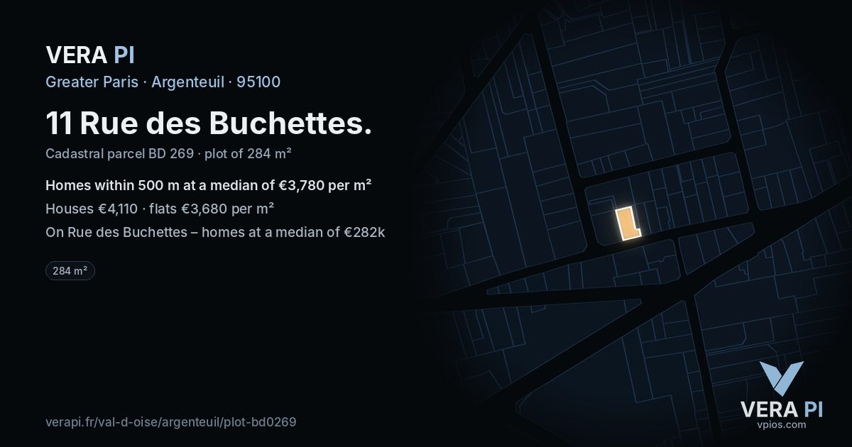 11 Rue des Buchettes, Argenteuil at night – the plot lit, the parcels around coloured by the prices near them