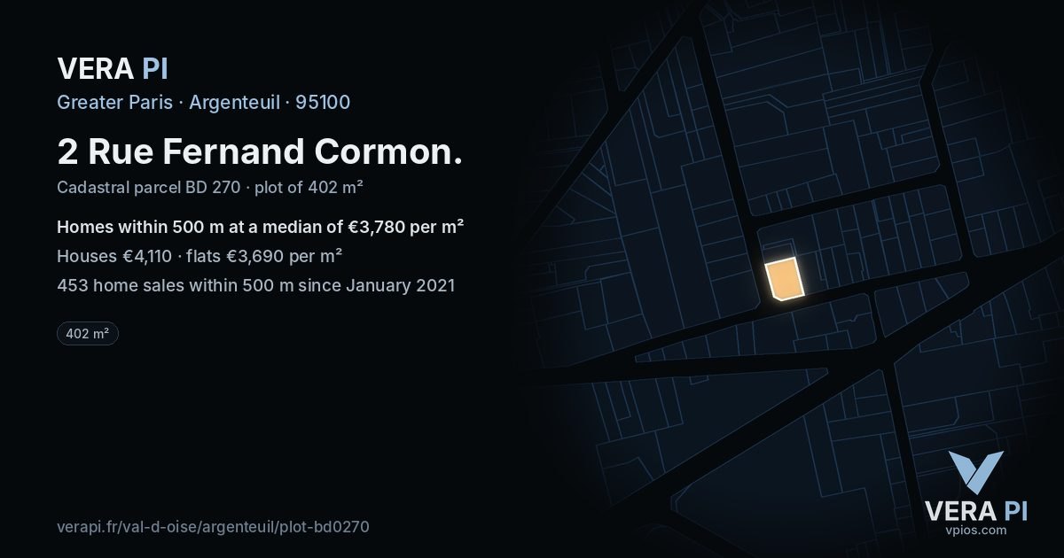 2 Rue Fernand Cormon, Argenteuil at night – the plot lit, the parcels around coloured by the prices near them
