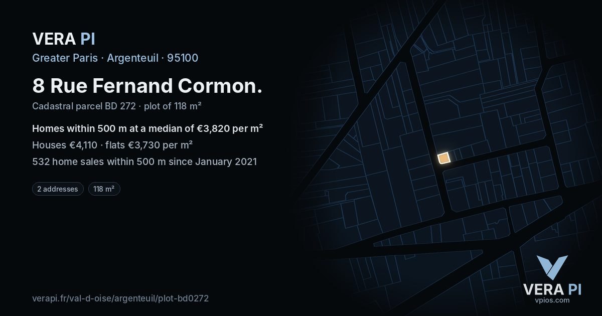 8 Rue Fernand Cormon, Argenteuil at night – the plot lit, the parcels around coloured by the prices near them