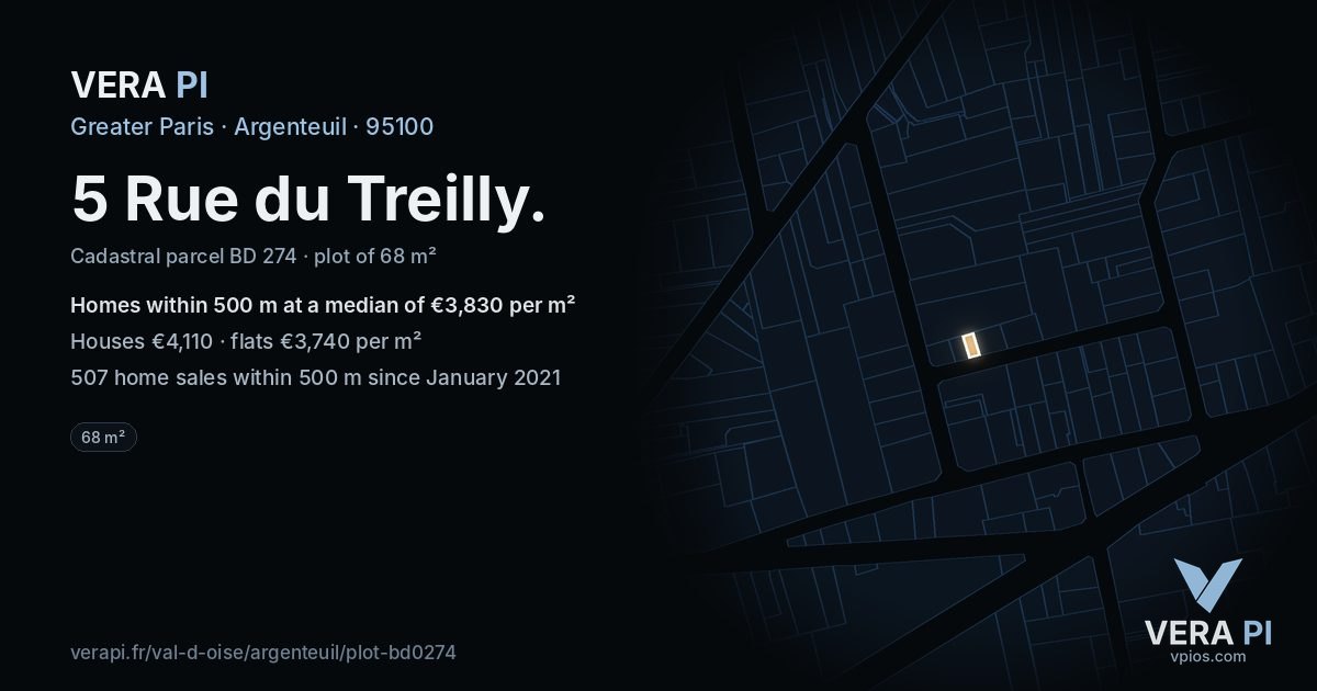 5 Rue du Treilly, Argenteuil at night – the plot lit, the parcels around coloured by the prices near them
