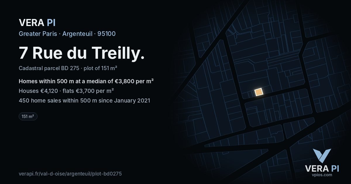 7 Rue du Treilly, Argenteuil at night – the plot lit, the parcels around coloured by the prices near them