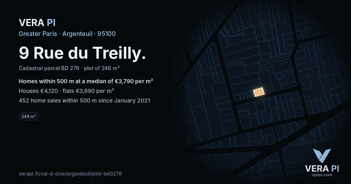 9 Rue du Treilly, Argenteuil at night – the plot lit, the parcels around coloured by the prices near them