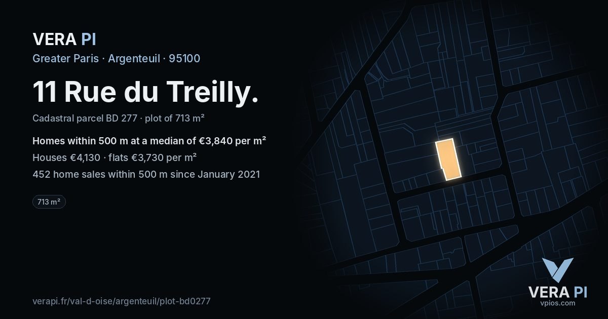 11 Rue du Treilly, Argenteuil at night – the plot lit, the parcels around coloured by the prices near them