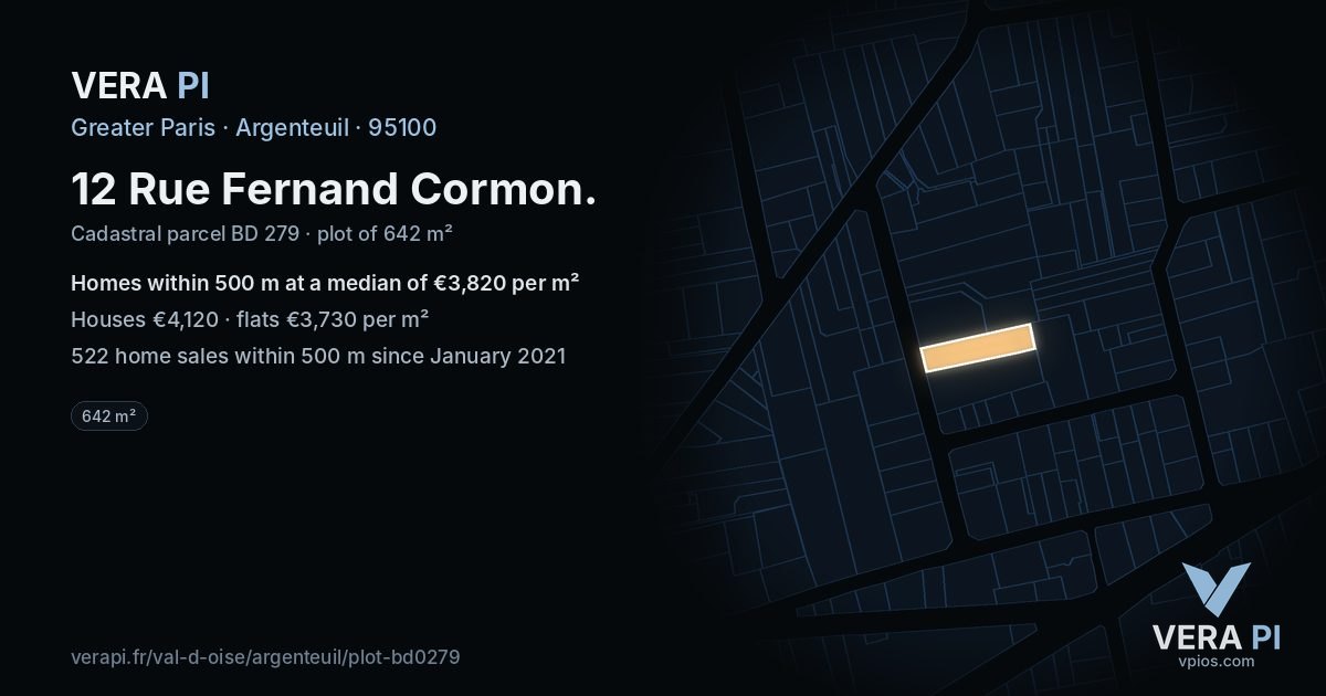 12 Rue Fernand Cormon, Argenteuil at night – the plot lit, the parcels around coloured by the prices near them