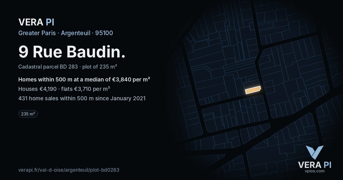 9 Rue Baudin, Argenteuil at night – the plot lit, the parcels around coloured by the prices near them