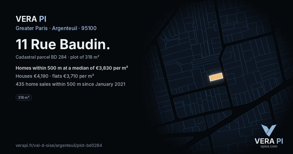 11 Rue Baudin, Argenteuil at night – the plot lit, the parcels around coloured by the prices near them