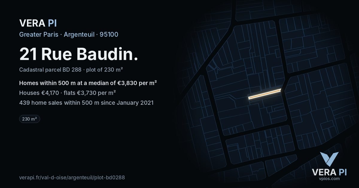 21 Rue Baudin, Argenteuil at night – the plot lit, the parcels around coloured by the prices near them