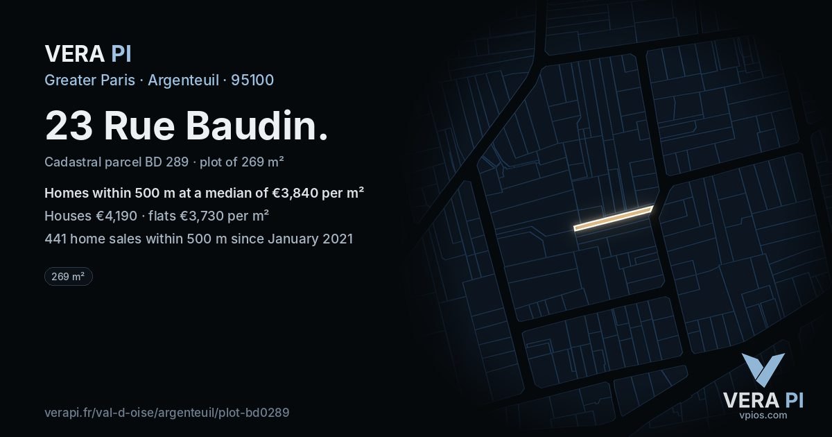 23 Rue Baudin, Argenteuil at night – the plot lit, the parcels around coloured by the prices near them