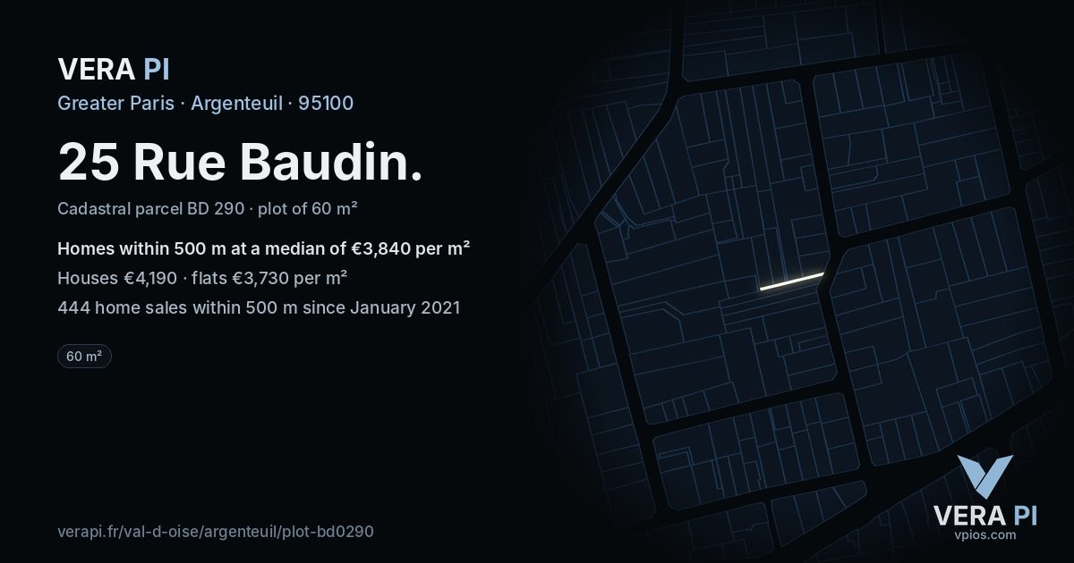 25 Rue Baudin, Argenteuil at night – the plot lit, the parcels around coloured by the prices near them