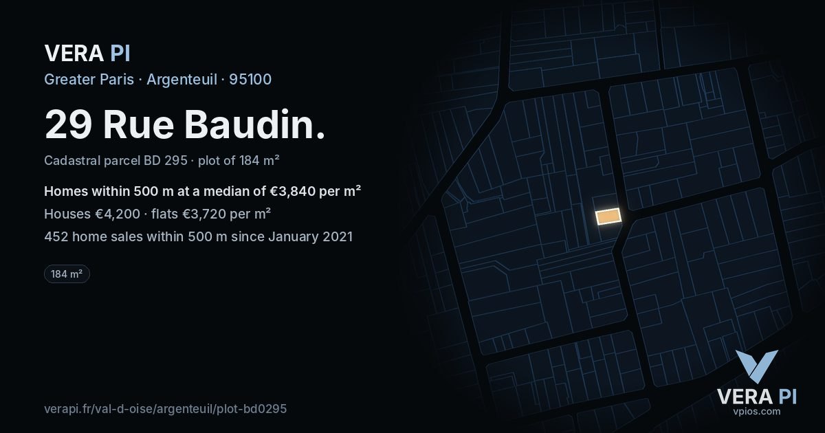 29 Rue Baudin, Argenteuil at night – the plot lit, the parcels around coloured by the prices near them