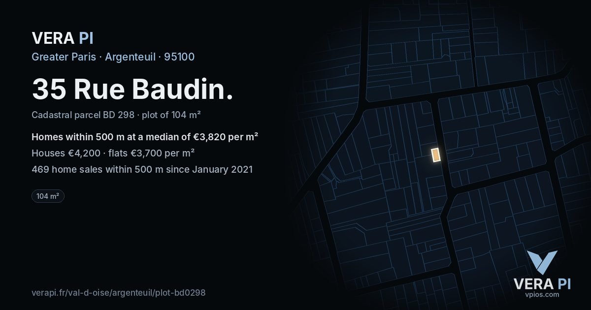35 Rue Baudin, Argenteuil at night – the plot lit, the parcels around coloured by the prices near them