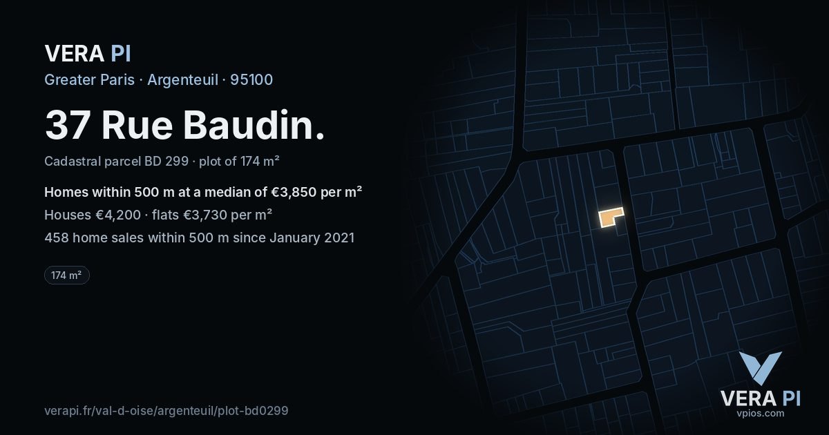 37 Rue Baudin, Argenteuil at night – the plot lit, the parcels around coloured by the prices near them