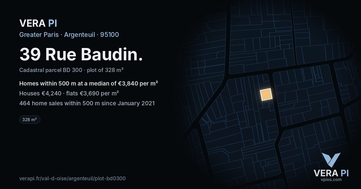 39 Rue Baudin, Argenteuil at night – the plot lit, the parcels around coloured by the prices near them