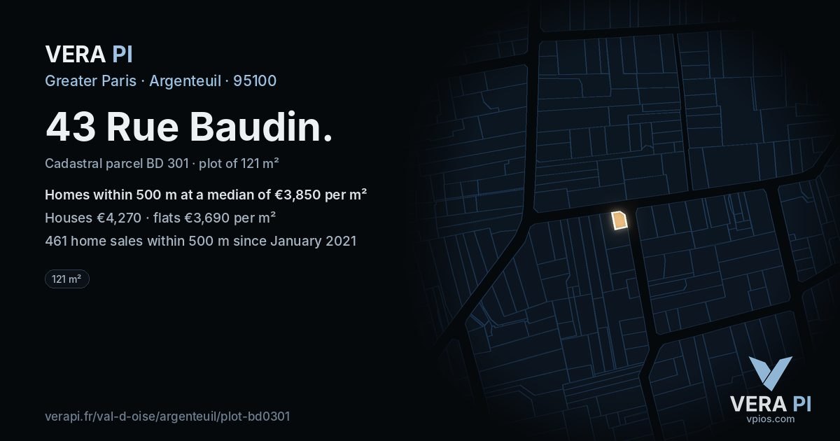 43 Rue Baudin, Argenteuil at night – the plot lit, the parcels around coloured by the prices near them