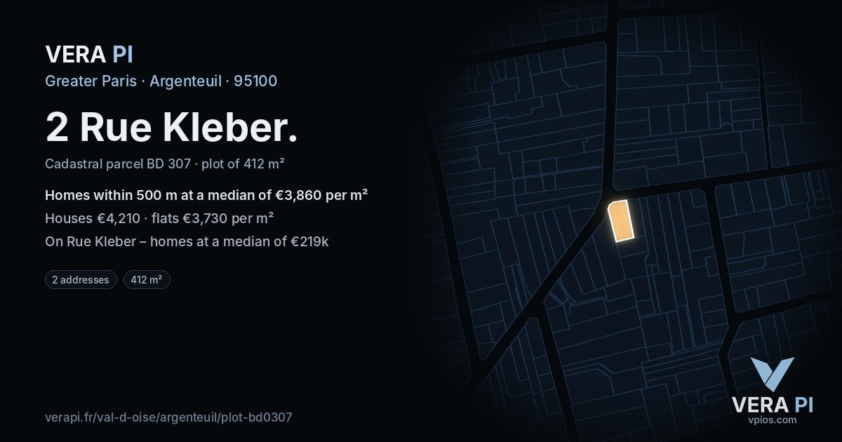 2 Rue Kleber, Argenteuil at night – the plot lit, the parcels around coloured by the prices near them