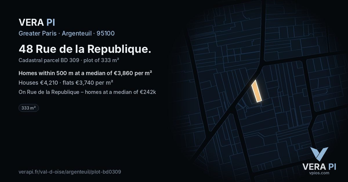 48 Rue de la Republique, Argenteuil at night – the plot lit, the parcels around coloured by the prices near them