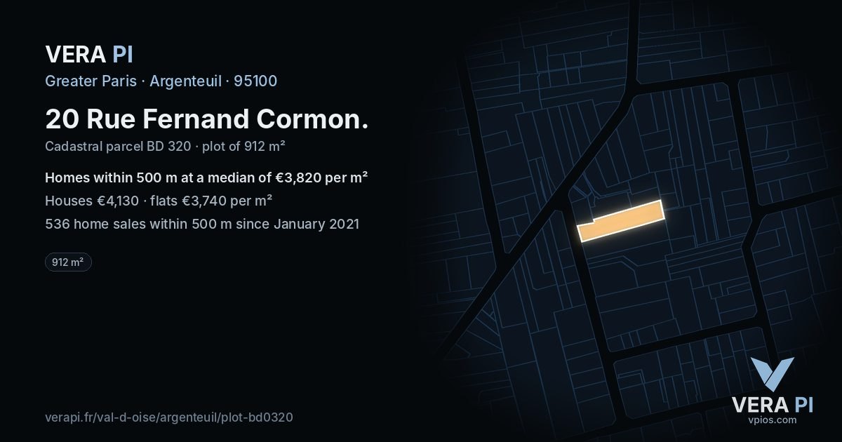 20 Rue Fernand Cormon, Argenteuil at night – the plot lit, the parcels around coloured by the prices near them