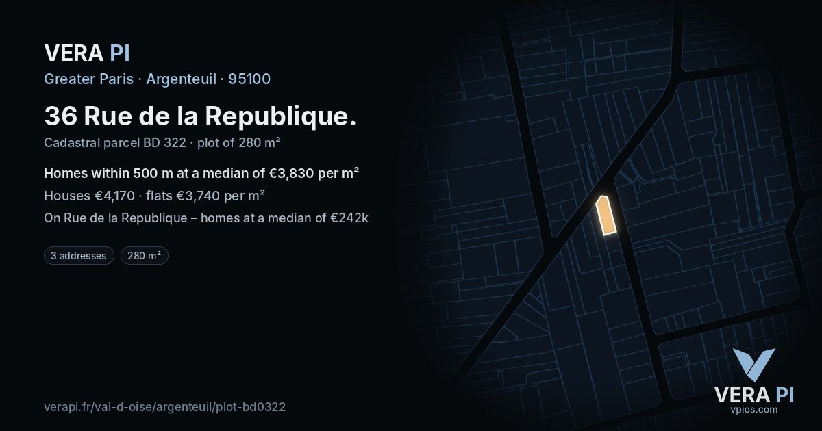 36 Rue de la Republique, Argenteuil at night – the plot lit, the parcels around coloured by the prices near them