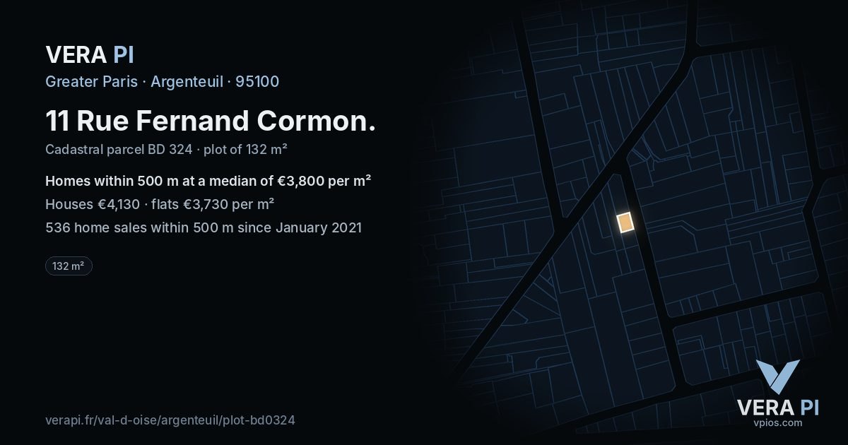 11 Rue Fernand Cormon, Argenteuil at night – the plot lit, the parcels around coloured by the prices near them