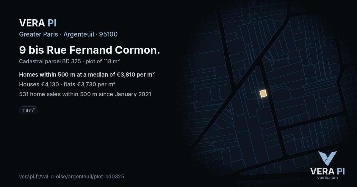 9 bis Rue Fernand Cormon, Argenteuil at night – the plot lit, the parcels around coloured by the prices near them
