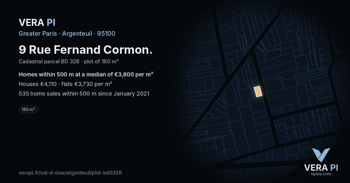 9 Rue Fernand Cormon, Argenteuil at night – the plot lit, the parcels around coloured by the prices near them