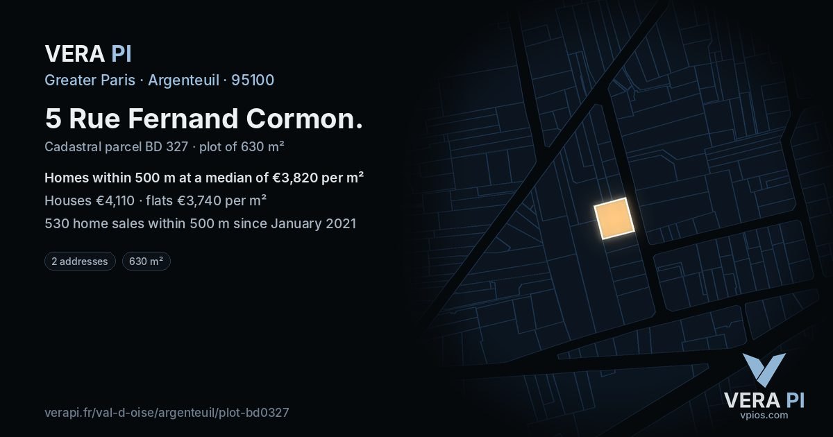 5 Rue Fernand Cormon, Argenteuil at night – the plot lit, the parcels around coloured by the prices near them