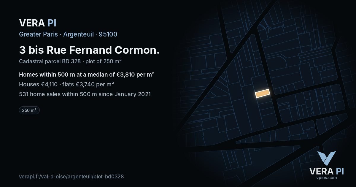 3 bis Rue Fernand Cormon, Argenteuil at night – the plot lit, the parcels around coloured by the prices near them