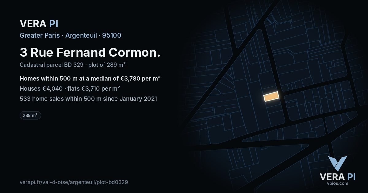 3 Rue Fernand Cormon, Argenteuil at night – the plot lit, the parcels around coloured by the prices near them