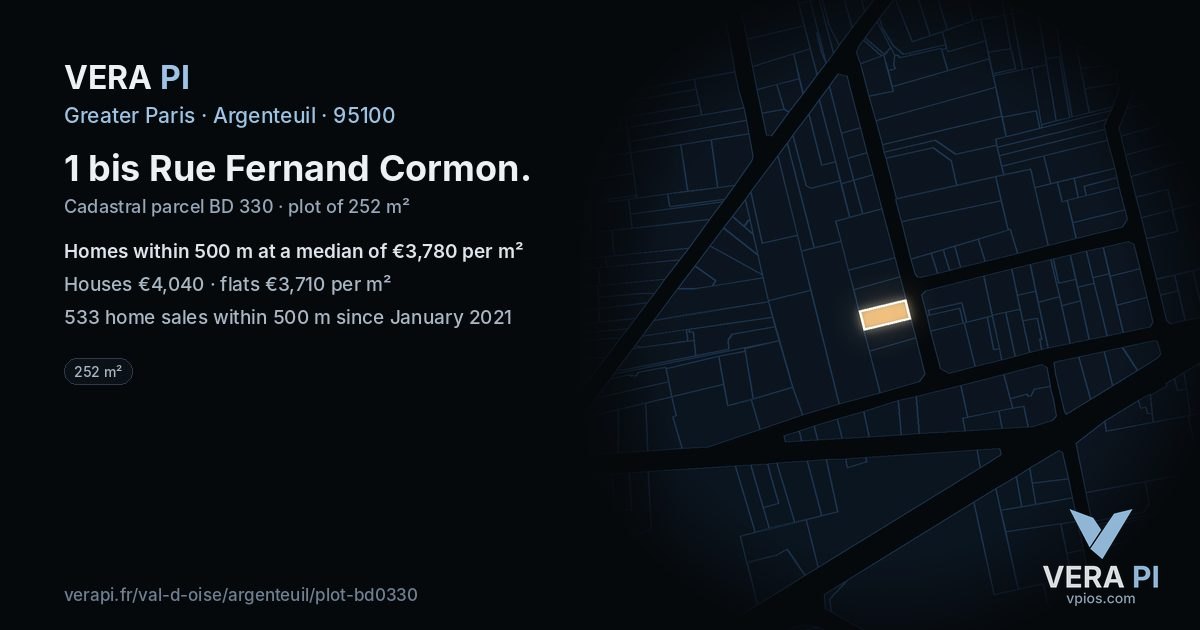 1 bis Rue Fernand Cormon, Argenteuil at night – the plot lit, the parcels around coloured by the prices near them