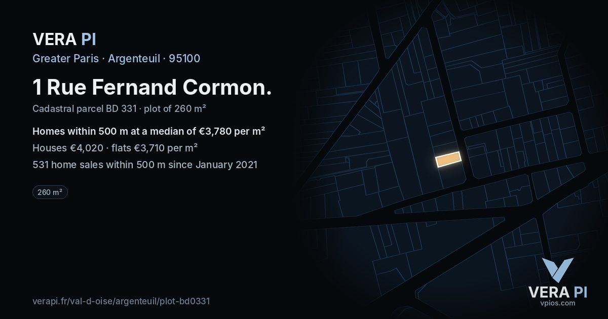 1 Rue Fernand Cormon, Argenteuil at night – the plot lit, the parcels around coloured by the prices near them