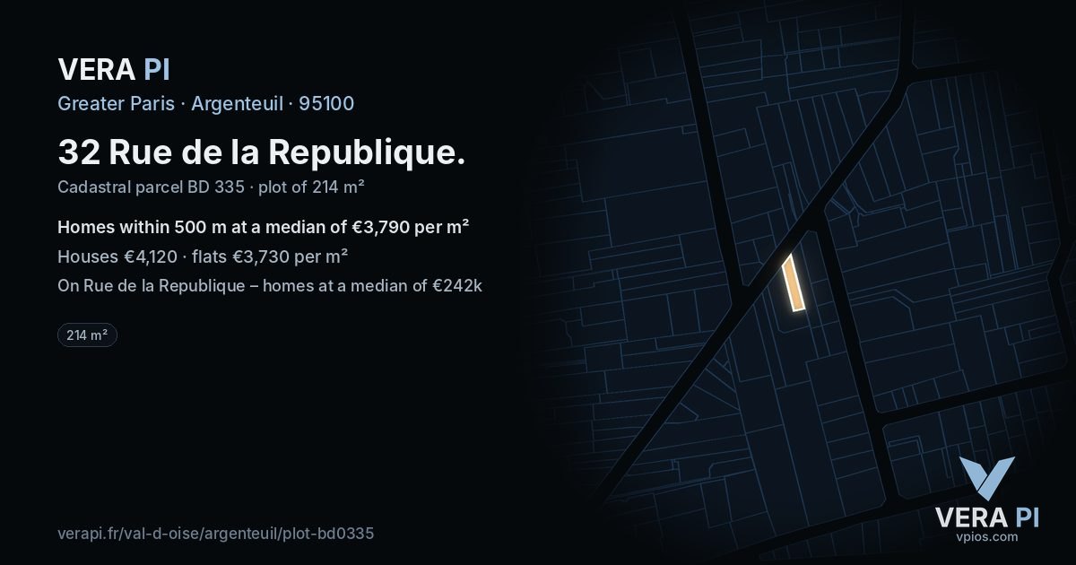 32 Rue de la Republique, Argenteuil at night – the plot lit, the parcels around coloured by the prices near them