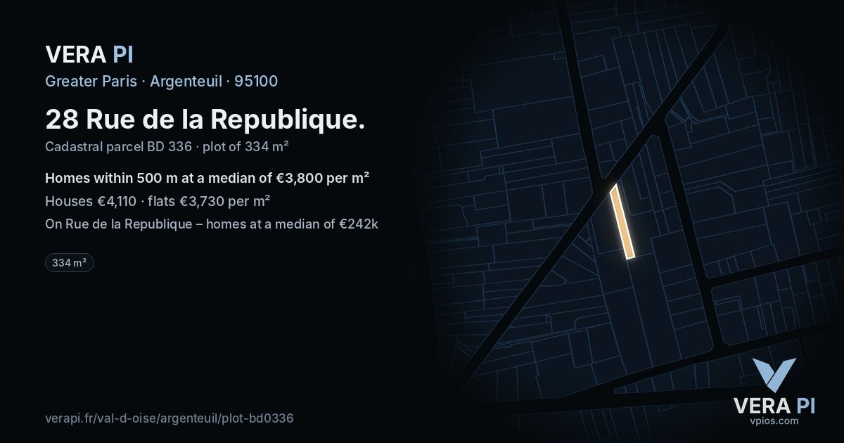 28 Rue de la Republique, Argenteuil at night – the plot lit, the parcels around coloured by the prices near them