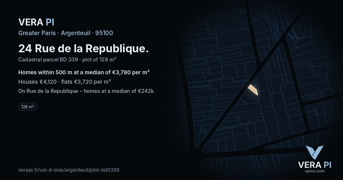24 Rue de la Republique, Argenteuil at night – the plot lit, the parcels around coloured by the prices near them