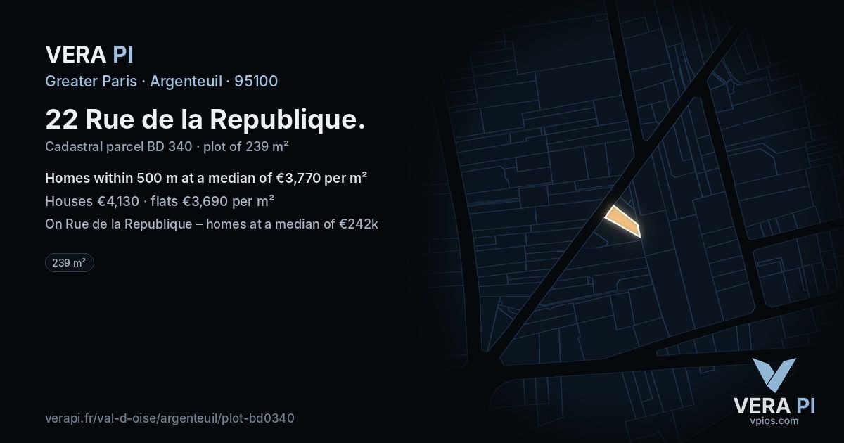 22 Rue de la Republique, Argenteuil at night – the plot lit, the parcels around coloured by the prices near them