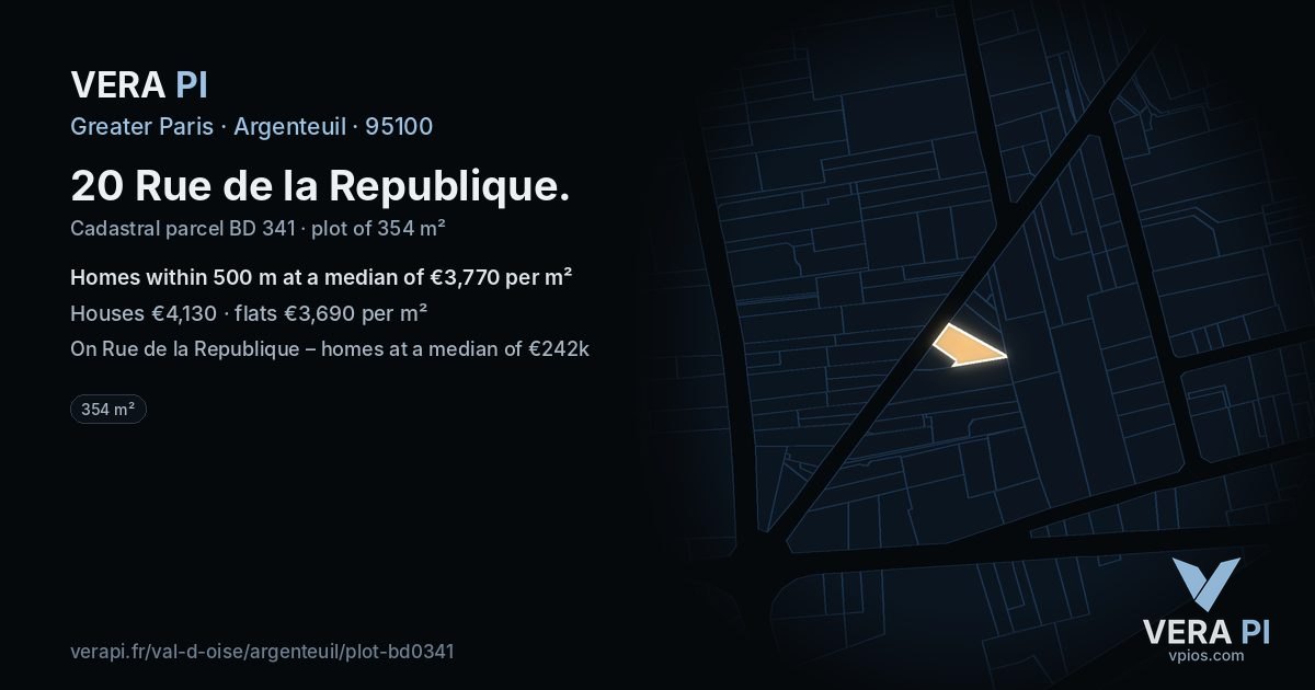 20 Rue de la Republique, Argenteuil at night – the plot lit, the parcels around coloured by the prices near them