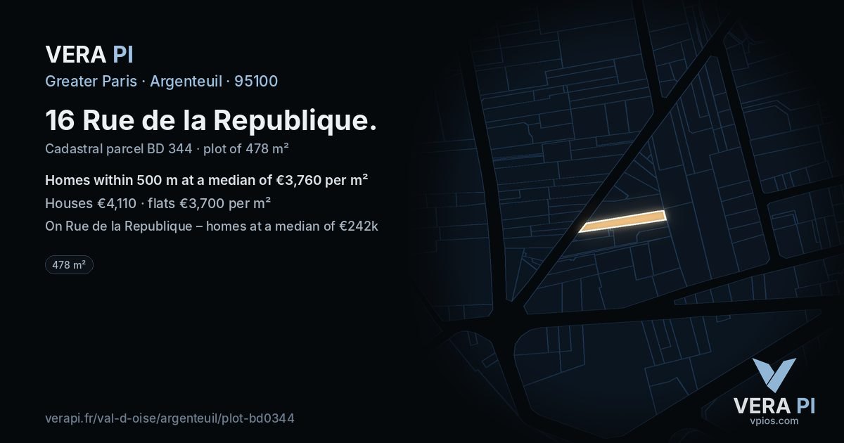 16 Rue de la Republique, Argenteuil at night – the plot lit, the parcels around coloured by the prices near them