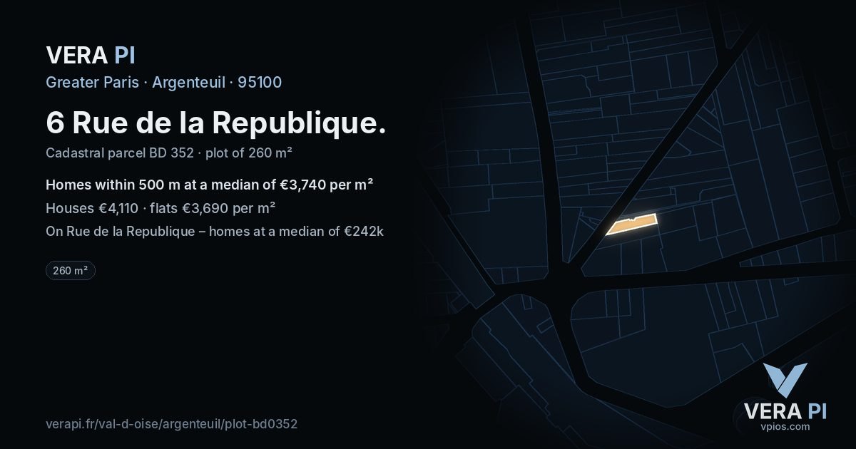 6 Rue de la Republique, Argenteuil at night – the plot lit, the parcels around coloured by the prices near them