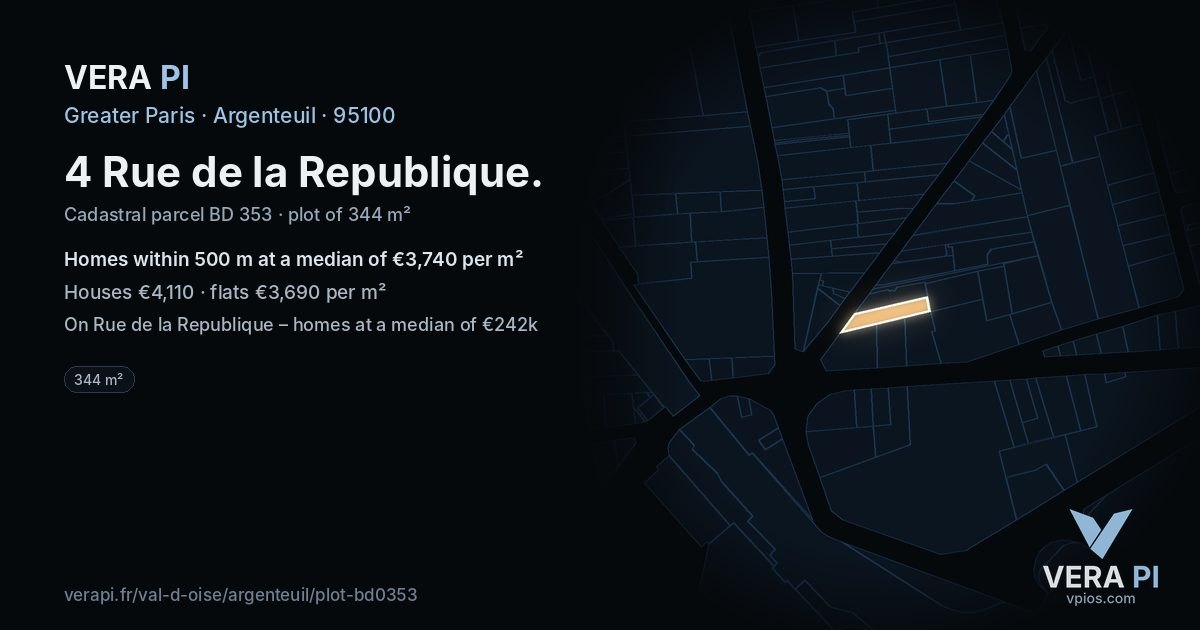 4 Rue de la Republique, Argenteuil at night – the plot lit, the parcels around coloured by the prices near them
