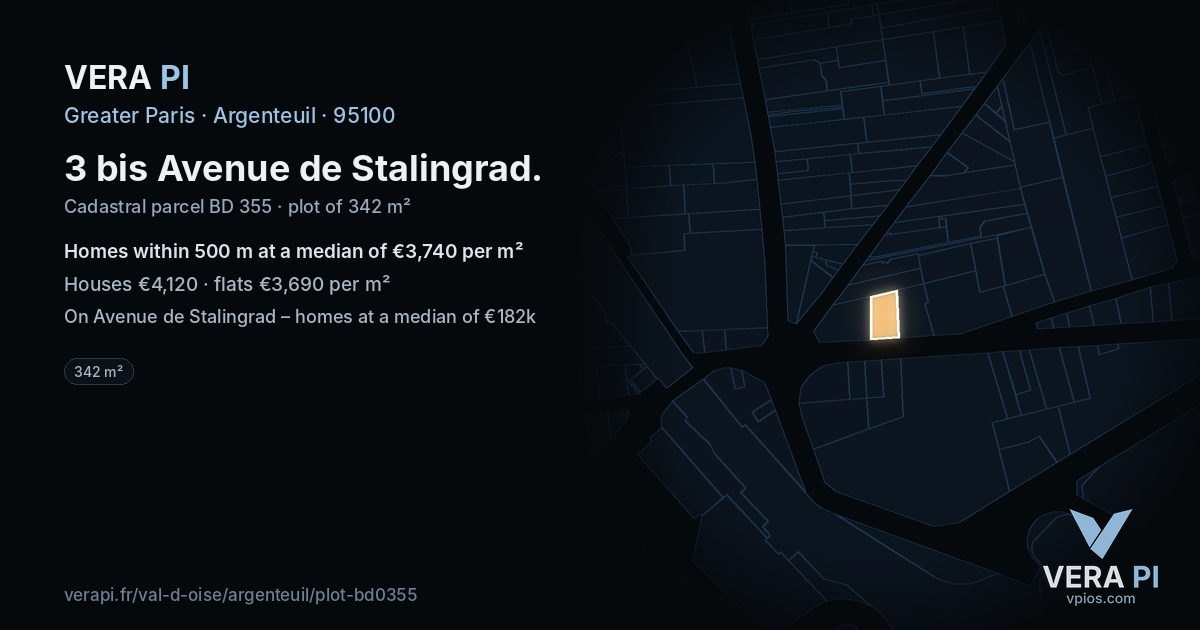 3 bis Avenue de Stalingrad, Argenteuil at night – the plot lit, the parcels around coloured by the prices near them