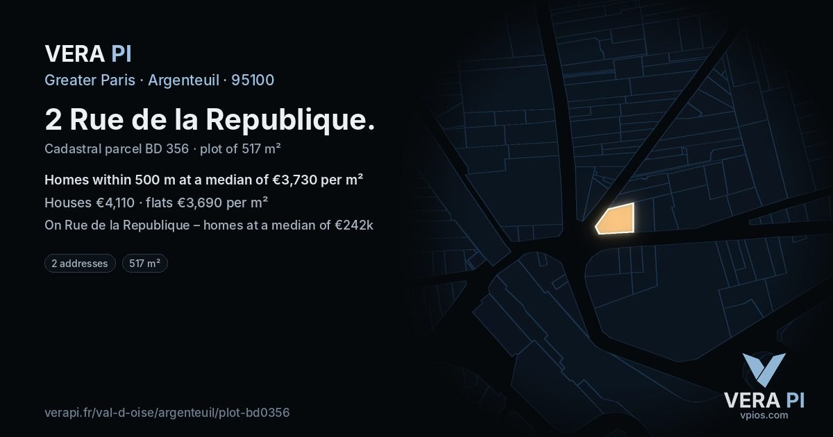 2 Rue de la Republique, Argenteuil at night – the plot lit, the parcels around coloured by the prices near them