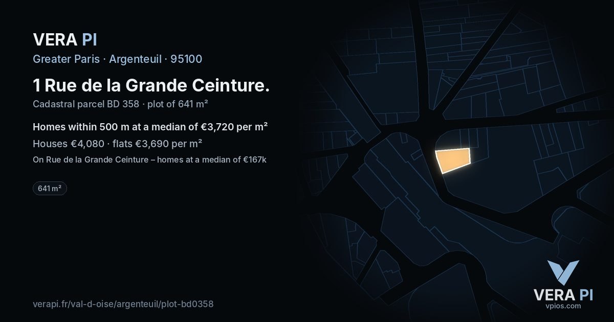 1 Rue de la Grande Ceinture, Argenteuil at night – the plot lit, the parcels around coloured by the prices near them