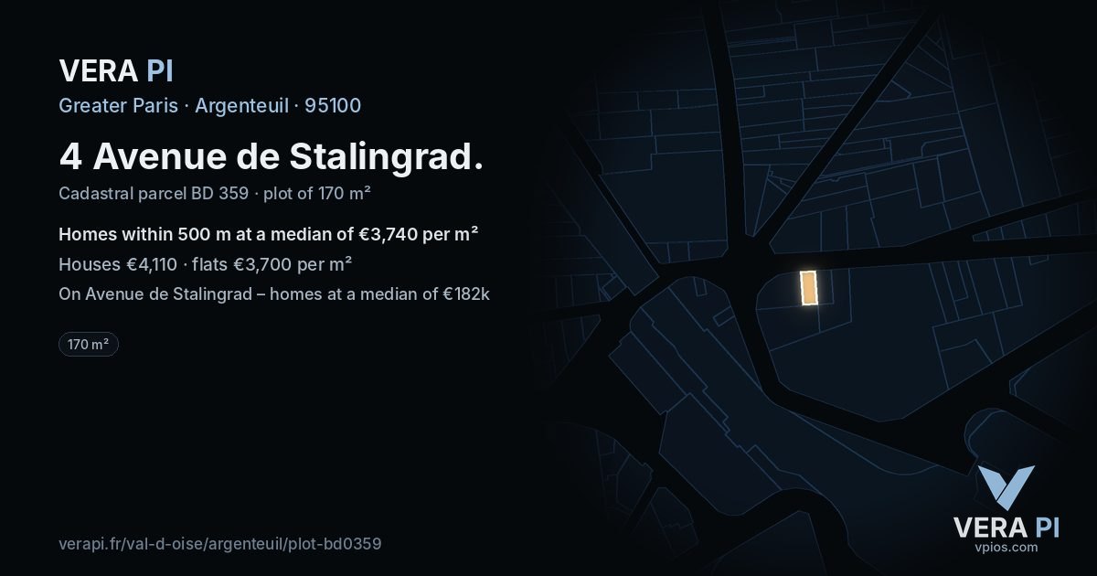 4 Avenue de Stalingrad, Argenteuil at night – the plot lit, the parcels around coloured by the prices near them