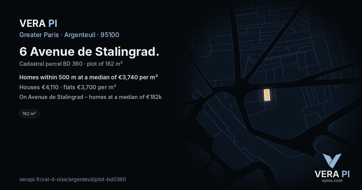 6 Avenue de Stalingrad, Argenteuil at night – the plot lit, the parcels around coloured by the prices near them