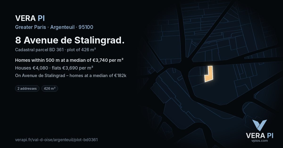 8 Avenue de Stalingrad, Argenteuil at night – the plot lit, the parcels around coloured by the prices near them
