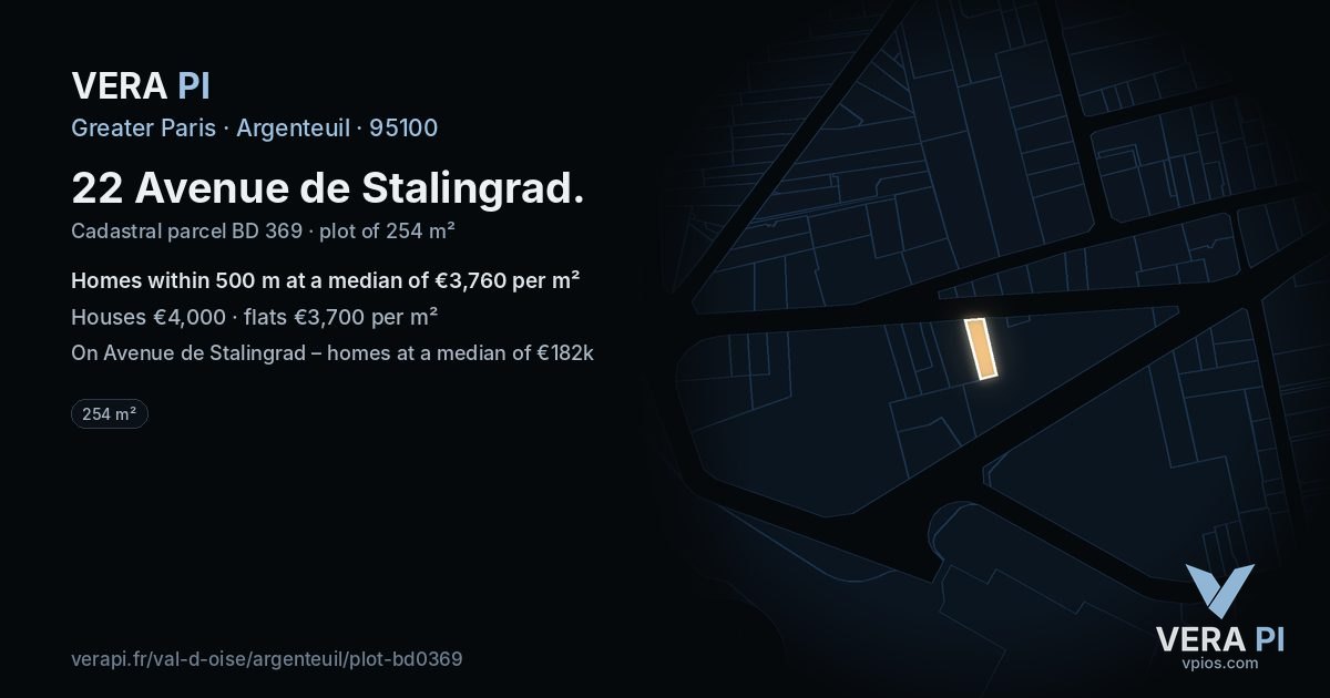 22 Avenue de Stalingrad, Argenteuil at night – the plot lit, the parcels around coloured by the prices near them