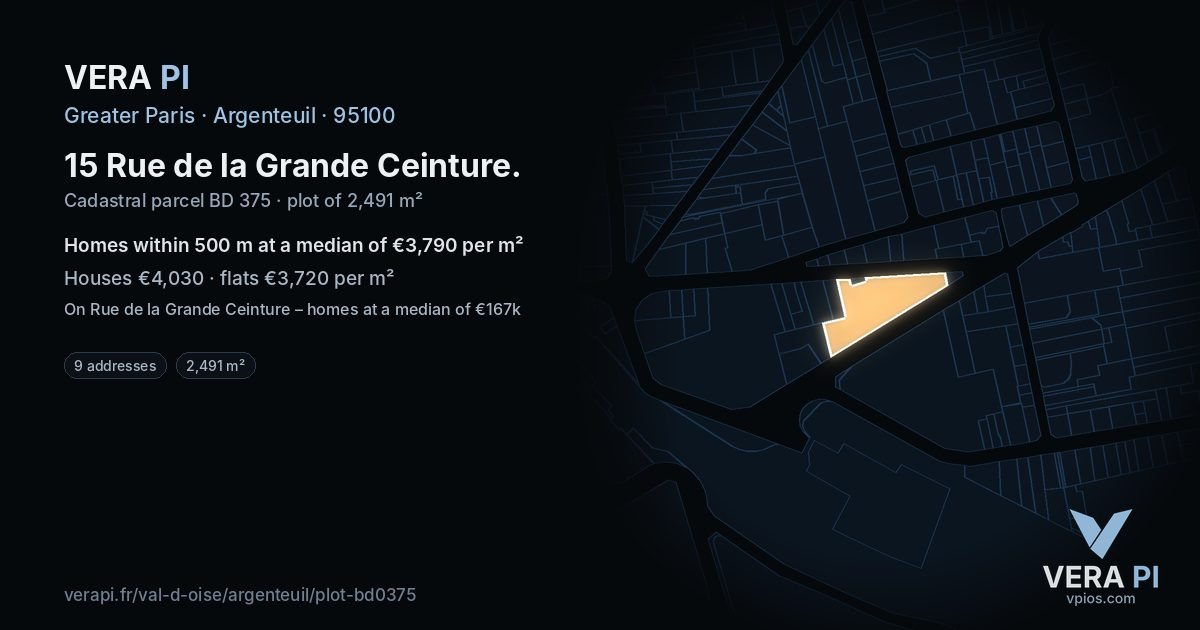 15 Rue de la Grande Ceinture, Argenteuil at night – the plot lit, the parcels around coloured by the prices near them