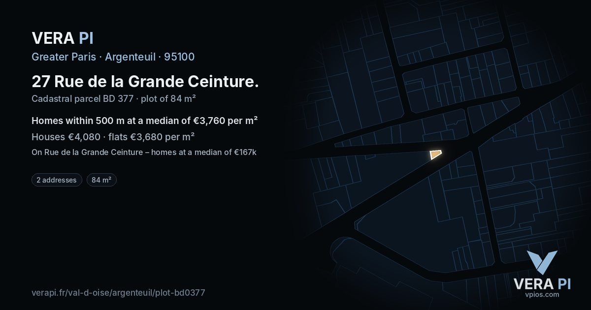 27 Rue de la Grande Ceinture, Argenteuil at night – the plot lit, the parcels around coloured by the prices near them