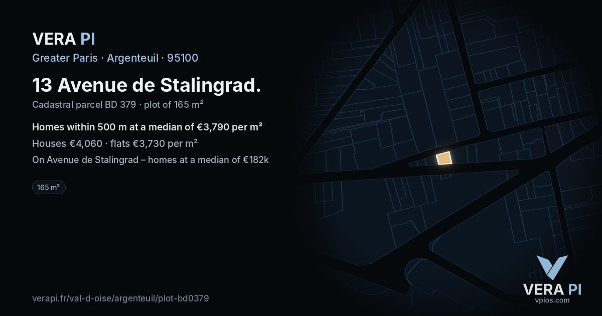 13 Avenue de Stalingrad, Argenteuil at night – the plot lit, the parcels around coloured by the prices near them