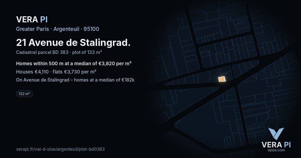 21 Avenue de Stalingrad, Argenteuil at night – the plot lit, the parcels around coloured by the prices near them
